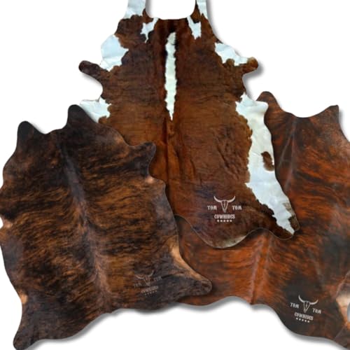 TOM TOM COWHIDES Premium Cowhide Rug Combo | Set of 3 | 6x6 ft | Dark Brindle, Tricolor & Reddish | Natural & Unique