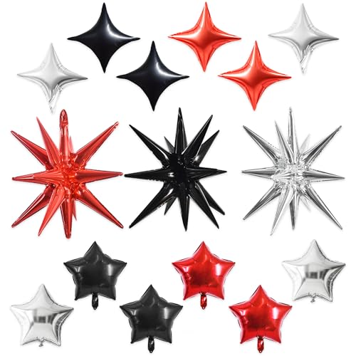Image of TONIFUL 22Inch 15Pcs Black Red Silver Explosion Star Mylar Balloons and 10Inch Four Pointed Star Balloons Set for Christmas New Year Birthday Wedding Bridal Shower Anniversary Photo Booth Supplies