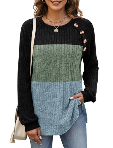 Image of Bofell Long Sleeve Shirts for Women Lightweight Button Decor Tunic Tops Side Split