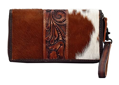 Clutch for Women Designer Card Wallet for Women Cowhide Fur with hand tooling Design on leather wallet for Women Leather (Brown)2