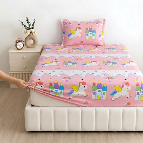 Image of Filymore Star Unicorn Elastic Fitted bedsheet for Kids Room Single Bed 240 TC Soft Microfiber (Size 72x36 inches) fit up to 6 inches Mattress(Color- Peach and White)