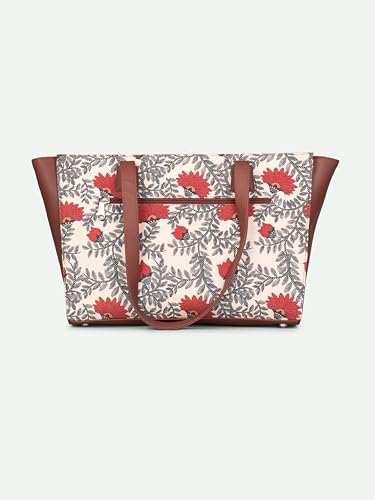 Image of ZOUK Nawabi Couture Floral Printed Women Jute Vegan Leather Space Blue Office Tote Bag for Ladies With Laptop Compartment