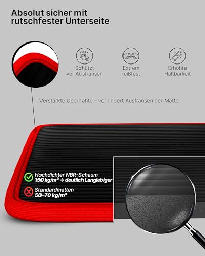 NEOLYMP extra dicke Fitnessmatte rutschfest inkl. Tragegurt & E-Book – Yogamatte, Gymnastikmatte, Sportmatte & Pilates Matte – Trainingsmatte für Zuhause, Studio & Outdoor (Schwarz-Rot 61 cm)
