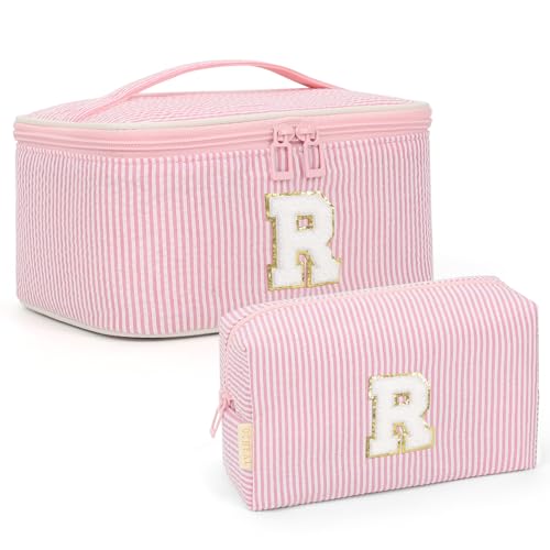 OCHEAL Initial Makeup Bag Set - Cute Pink Stuff for Women, Personalized Makeup Pouch Cosmetic Bag, Travel Essentials Toiletry Bag, Birthday Gifts for Women Stocking Stuffers R