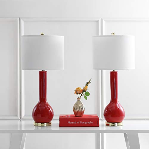 Safavieh Lighting Collection Mae Long Neck Modern Contemporary Red Ceramic 31-Inch Bedroom Living Room Home Office Desk Nightstand Table Lamp Set Of 2 (Led Bulbs Included) #TOP7