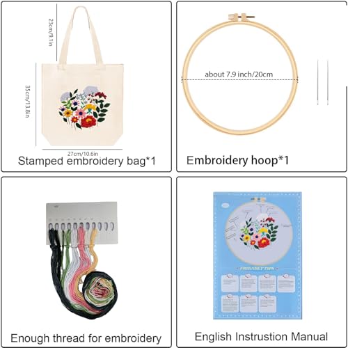 Image of Huacan Embroidery Canvas Bag Kits for Adults Beginner Stamped Flowers Pattern DIY Cross Stitch Printed Flower Stitching Sewing Kit
