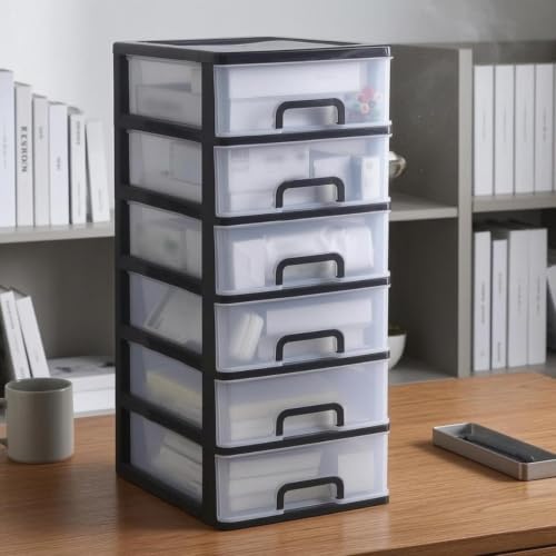 Image of Desktop Drawer Organizer Translucent Fronts Office Supply Drawer Organizer Built-in Handles Workspace Storage for Home Desk Large 3-Tier Black