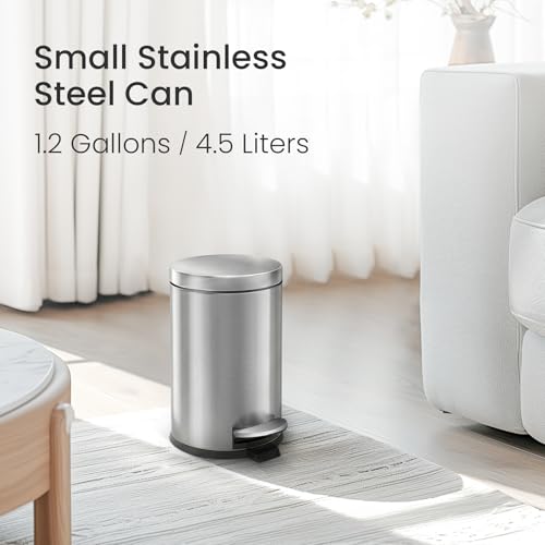 Image of Cesun 1.2 Gallons Small Black Trash Can, Bathroom Garbage Can with Lid and Foot Pedal, Mini Round Wastebasket for Bathroom, Bedroom, Office, 4.5 Liters / 1.2 Gallons, Silver