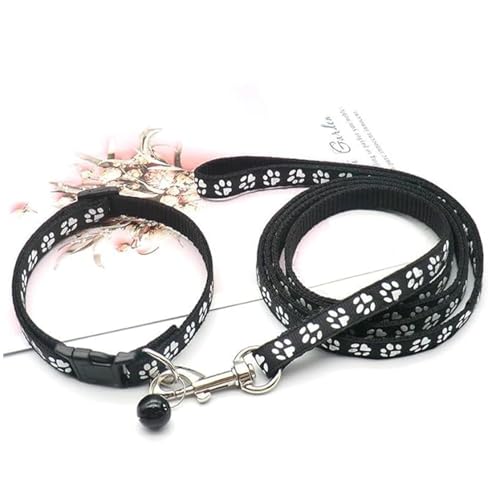 Image of YellowCult Dog /Cat Collar Leash Set with Adjustable Soft Nylon Paw Print Pet Collar for Cats, Puppies, Small Dogs, Fat Rabbits Walking Training, Bell & Quick Release Buckle Safety Lock -[Black]