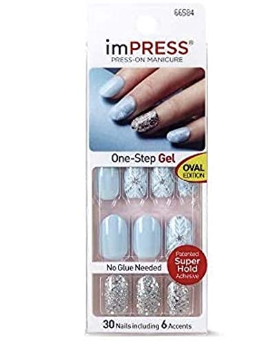 Kiss imPress Press-On Manicure Christmas Nails Oval Edition (Baby Blue Nails with Silver Holographic Glitter Accent Nails) 66584 Jive