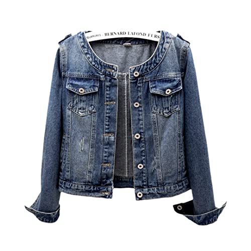 Pegsmio Vintage bleu mince court Denim femmes automne effiloché poche Cowboy survêtement O cou à manches longues jean veste manteau Blue 3XL Cover