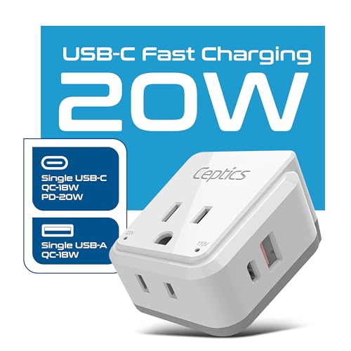 Image of Ceptics Travel Adapter India to UK, Ireland Power Adapter Travel, Dual USB & USB-C 3.1A - 2 USA Socket - Compact & Powerful - Use in Hong Kong, England, Dubai, Saudi Arabia - Includes Type G Plug