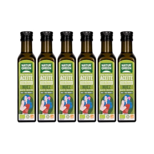 NaturGreen - Aceite de Nuez Bio, Pack 6 x 250 ml, Aceite Vegetal Ecológico Primera Presión en Frío, Rico en Omega 3 y 6, Ideal para Ensaladas, Cocina Saludable y Vegana