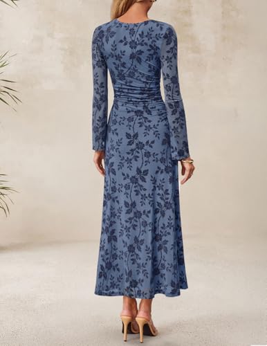 ZESICA Women's Long Sleeve Floral Bodycon Dress 2025 Fall Fashion Ruched Mesh Wedding Guest Cocktail Party Maxi Dresses - Image 5