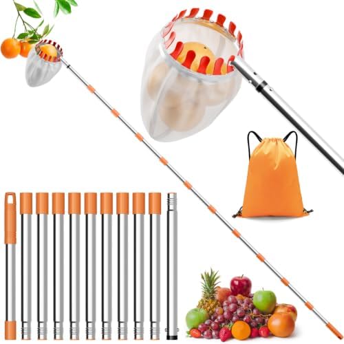 4.2 M ObstpflüCker für ApfelpflüCker Kirschpflücker mit Teleskopstiel Ø16cm | Sicher und bequem Obstpflücker für Kirschen Apfel Pfirsich Pflaumenp mit Tasche Obstnetzbeutel & Aufbe
