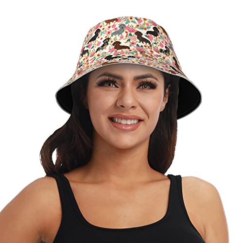 Cuamzst Floral Dachshunds Bucket Hat For Women Men Teens Reversible Summer Beach Sun Hat Packable Fisherman Cap For Travel Outdoor Hiking One Size #TOP5