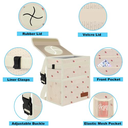 Image of Femuar Leak Proof Car Trash Can with Lid, Collapsible Hanging Waterproof Car Trash Bag with Mesh Pocket for SUV Front Seat Headrest, Large /Beige Strawberry