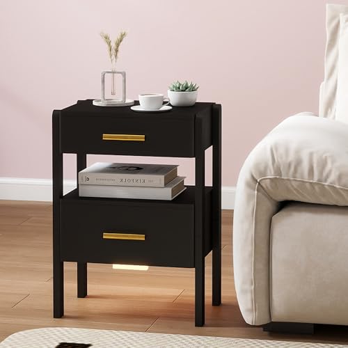 Image of Solid Wood Nightstand with 2 Drawers and Open Shelf Bedside Table End Table
