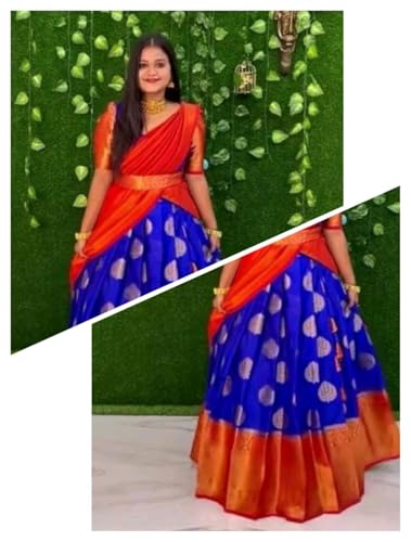 Image of RENVAANI FASHION Women's Indian Traditional Unstitched Kanjivaram Silk Pure Zari Weaving Lehenga Choli With Dupatta Attach With Unstitch Blouse Piece, Half Saree (HALF SAREE HT53 KHAJURI ROYAL RED)