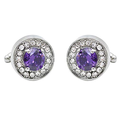 V & L Round Purple Crystal Cuff Links Silver – Fancy Unique Elegant Sparkling Luxury Gem Stone Cufflinks For Men Round - Perfect For Wedding, Formal, Suits, Business And Groom Cufflink #TOP1
