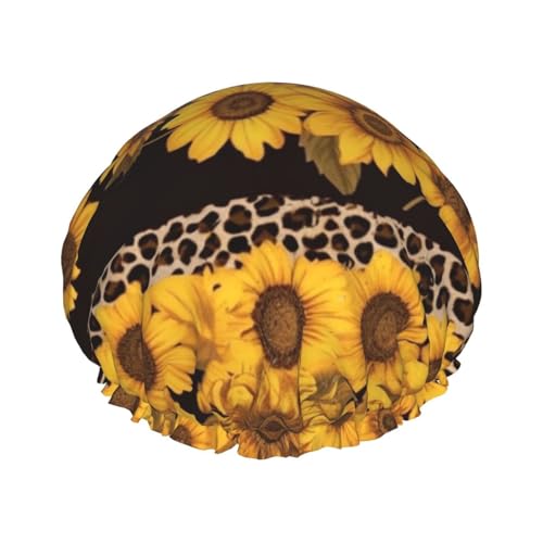 Gorro de ducha con estampado de leopardo y girasol para mujer, doble capa, impermeable, elástico, reutilizable, protección para el cabello, para spa, salón de baño, damas