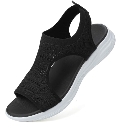 VTASQ Sommer waschbare Slingback orthopädische Rutsche Sport Sandalen Damen Bequeme orthopädische Sandalen für atmungsaktive Sport Strick Sandalen, Mesh Weiche Sohle Casual Damenschuhe Schwarz 37EU
