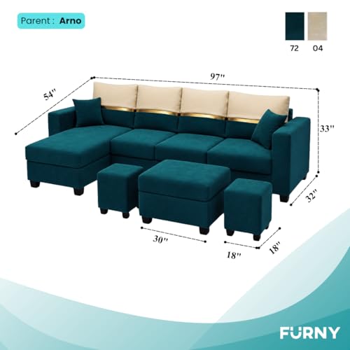 Image of Furny Arvea 8 Seater Fabric LHS L Shape Sofa Set with 1 Centre Table & 2 Puffy (Greenish Teal) | Soft Velvet Fabric | Modern Design | Comfortable Seating | Living Room Furniture