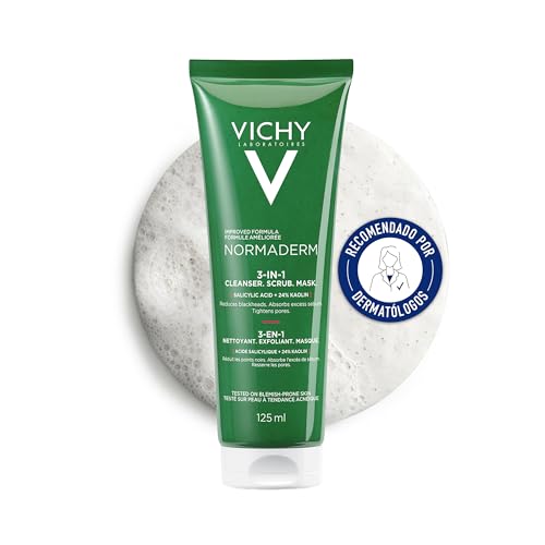 Vichy Normaderm, Crema Detergente e Maschera Esfoliante 3 in 1, Per Tutti i Tipi di Pelle, Lenisce, Deterge e Illumina il Viso, Con il 25% di Argilla, 125 ml