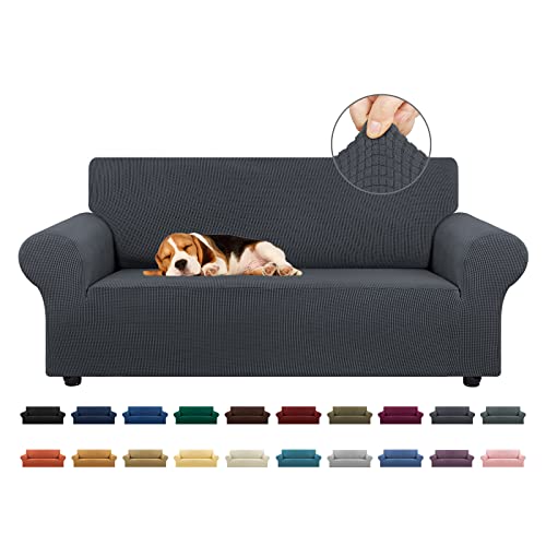 KEKUOU Stretch Loveseat Sofa Cover Slipcover,Couch Covers for 2 Cushion Couch Sofa (55"-78") Furniture Protector Sofa with Elastic Bottom for Kids,Dog. Jacquard Small Checked (Medium,Charcoal)