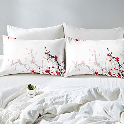 Japanese Duvet Cover Queen Size,Adult Women Spring Cherry Blossom Comforter Cover Asian Botanic Themed Pattern Fresh Organic Art Bedding Set, Branch Of Red Flowers Decorative Bedspreads White Black #TOP2