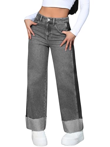 Women's High Waisted Wide Leg Jeans Patchwork Raw Hem Straight Leg Cuffed Denim Pants Summer 2025 Trendy