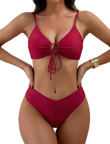 Meetall Wine Red High Cut Leg Rise Cute Cheeky Bikini...