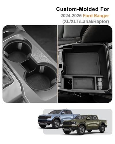 2025 Ranger Center Console Organizer - 2 Pcs Center Console Storage Tray & Silicone Cup Holder Insert for 2024-2025 Ford Ranger(XL/XLT/Lariat/Raptor) Accessories - ABS Armrest Box Organizer