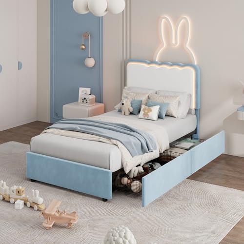 Image of Garvee Irregular Wave LED 2-Drawer Soft Upholstered Bed, Soft Padding