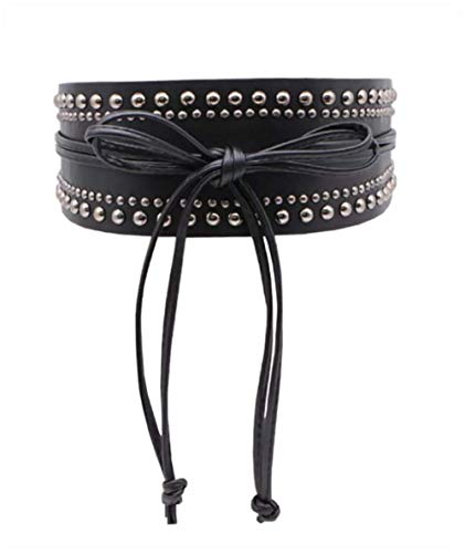 Woman's Black Leather Obi Sash Wrap Tie Plus Size Corset Waist Wide biker Silver studded Leather Belt
