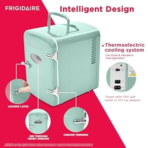 Frigidaire EFMIS129-MINT Mini Personal Fridge Cooler, 1 Gal Capacity fits Six Cans, Includes Plugs for Home Outlet & DC Charger-9.84" D x 7.09" W x 10.35" H Frigidaire EFMIS129 MINT Mini Personal Fridge Cooler 1 Gal Capacity fits Six Cans Includes Plugs for Home Outlet DC Charger 984 D x 709 W x 1035 H