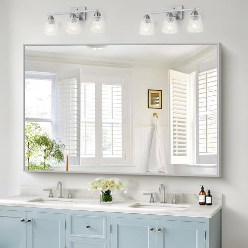 Image of COFENY 40x60inch Silver Bathroom Mirror, Silver Rectangle Mirror with Frame, Large Rectangular Wall Mirrors for Bathroom, Living Room, Hair Salon, Big Farmhouse Mirror Hang Horizontal /Vertical