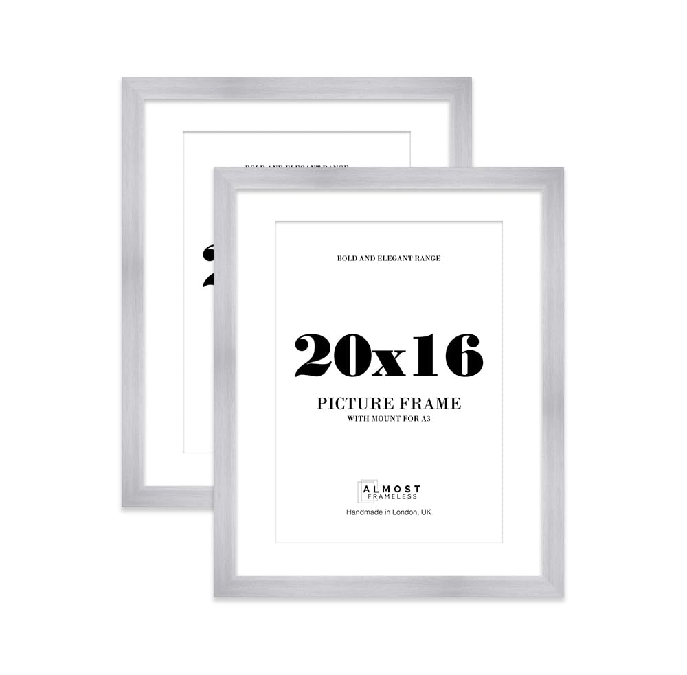 20x16" Silver Frame With Mount for A3 Pictures 28mm Edge Portrait and Landscape Display with Wall Hooks, 2 Pack