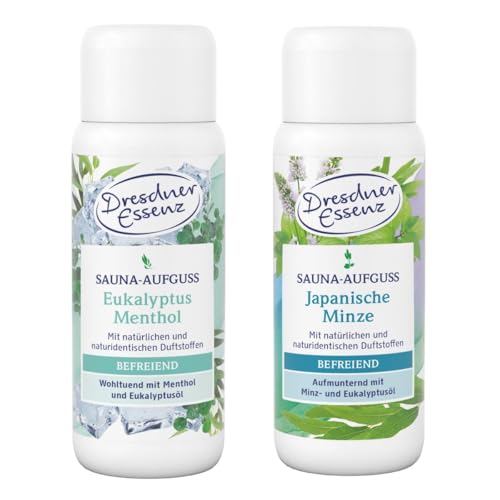 Dresdner Essenz Sauna-Aufguss Eukalyptus Menthol + Japanische Minze | befreiende Sauna mit Menthol- & Eukalyptusöl + sowie Minz- und Eukalyptusöl | Set bestehend aus 2 x 250 ml