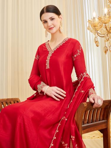 Image of MOKOSH Women's Silk Embroidery Anarkali Kurta Pant with Dupatta | Anarkali Kurta Set |Ethnic Kurta Set for Women |Floral Kurta 7 Colour Options Available |3 Piece Outfit