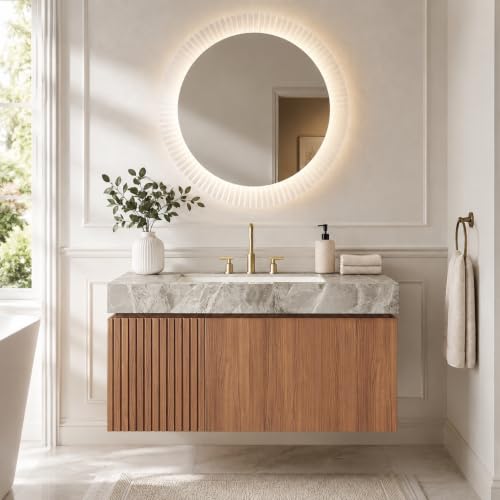 VETRAX 36" Wall-Mount Vanity with Sink, Brown Oak, Gray Travertine, 3-Hole