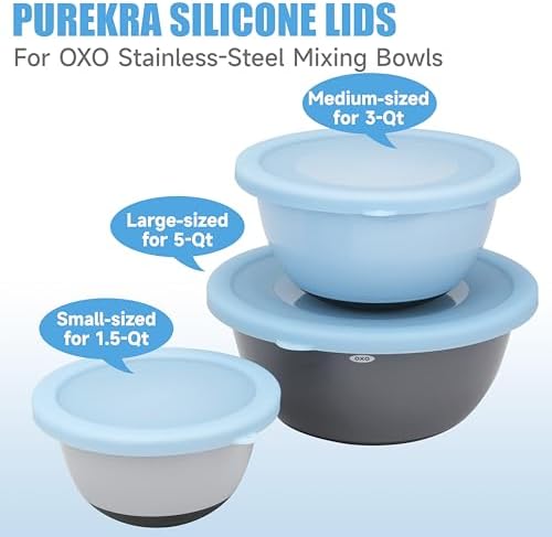 3 Pack Silicone Replacement Lids for OXO 1.5-Quart, 3-Quart & 5-Quart Good Grips Stainless-Steel Mixing Bowls, See-Through Silicone Lids, Dishwasher & Microwave Safe (Bowls Are Not Included)