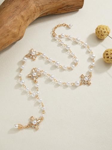 Pearl Cross Rosary Necklace Gold Plated Rosary with Pearls Waterproof Jewelry Big Cross Chain Link Choker Charm Necklace for Daily Wear2