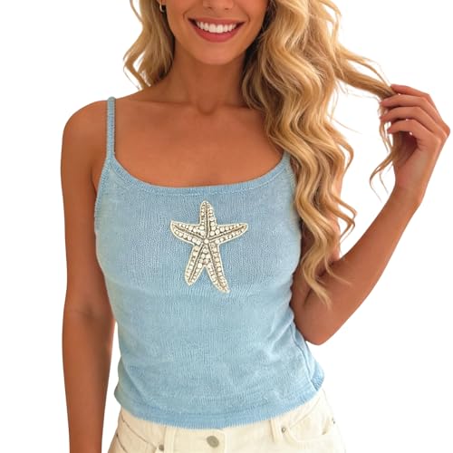 Women Y2k Starfish Cami Top Rhinestone Printed Crop Tank Tops Slim Fitted Knit Going Out Summer Shirts(Starfish Blue,S)
