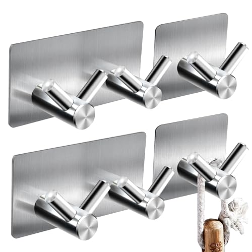 GZLFH 4 toalleros sin taladrar, autoadhesivo, diseño de gancho individual y doble, ganchos adhesivos para baño, baño, baño, cocina, oficina (plata)