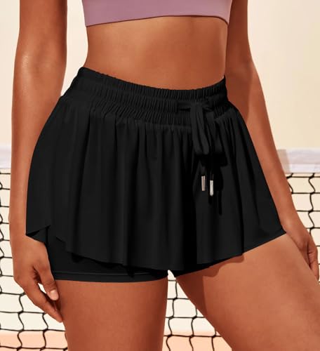 GOBLES Women's Summer High Wide Waistband 2 in 1 Butterfly Workout Athletic Tennis Shorts3