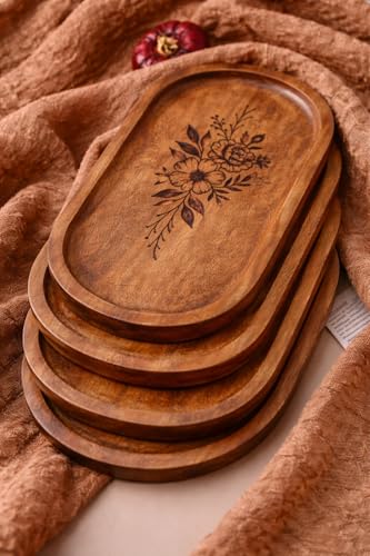 Image of Wooden Jewelry Tray, Oval Shape, L x B x H = 10 x 5 x 0.5 Inch Floral Design, Natural Wood Finish, Organizer for Rings, Necklaces, Earrings And Snacks Serving (Flower 4)