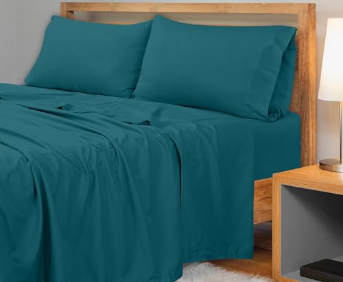 Image of Royale Linens 300 Thread Count 100% Long Staple Combed Cotton Flat Sheet - Super Soft - Top Sheets - Full Flat Sheet Sold Separately - Breathable, Cool & Crisp Percale Sheets Only (Full, Teal)