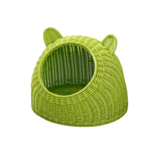 Qobvoehイミテーションラタン 猫ベッド 洗える ヴィラ 半囲い オールシーズン 夏用 籐 通気性 キャットハウス ドーム型 猫ハウス 猫ベッド 猫ケージ 猫ハウス ケージ 猫の巣 猫ハウスベッド おしゃれ (冷却パッド+シートクッション) (フルーツ