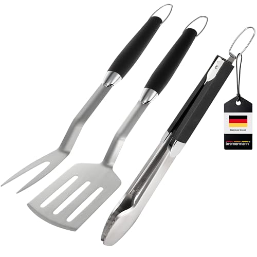bremermann Set di posate per barbecue, 3 pezzi, pinza, paletta, forchetta per carne, accessori per barbecue in acciaio inox con impugnatura morbida